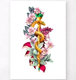 Äskulapstab mit Blumen - Weiß | Codex Anatomicus Online